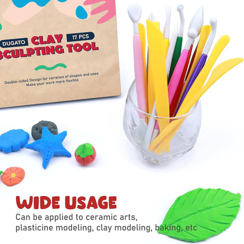DUGATO Clay Sculpting Tools (17pc Set) - Double-Sided Plastic Modeling Kit for Polymer Clay, Pottery, Fondant & Cake Decorating - Art & Craft Supp...