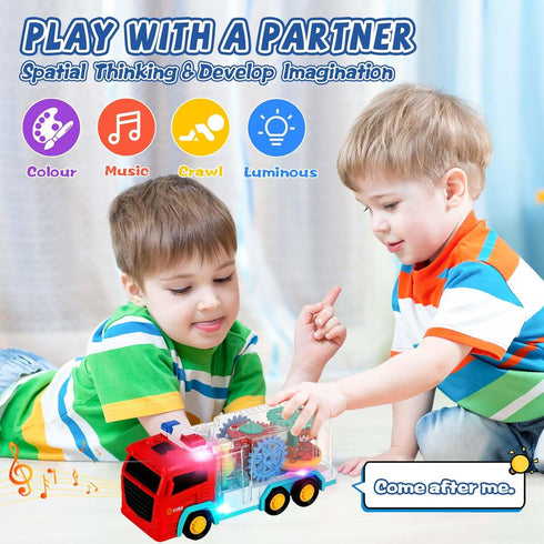 Light Up Sensory Car Toy for Kids,Transparent Gear Fire Truck Toy with Colorful Moving Gears Music and Lights Effects,Educational Tummy Time Toys ...