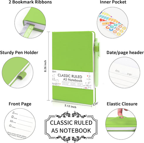 feela 5 Pack Notebooks Journals Bulk, Hardcover Notebook Classic Ruled Lined Journals with Pen Holder for Women Girls School Business Supplies, wi...