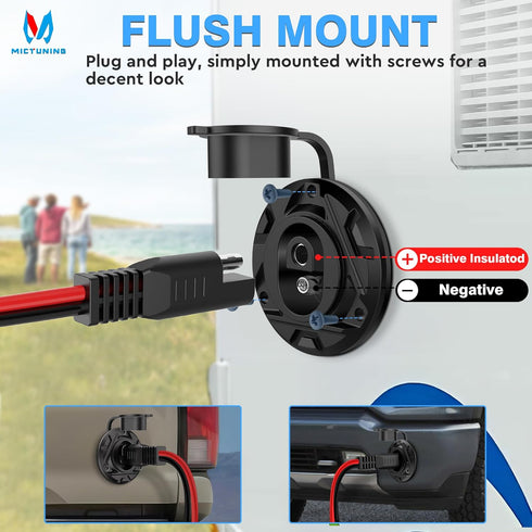 MICTUNING 2Pcs SAE Connector Extension Cable 1FT 14AWG Male Plug to Female Socket Adapter, Panel Flush Mount Waterproof for Solar Generator Batter...