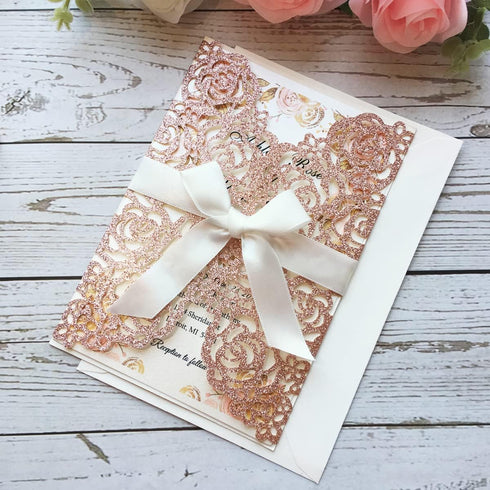 20PCS 5.12 x 7.28'' Laser Cut Wedding Invitations Cards with Envelopes Hollow Rose Pocket with Bowknot Invitation for Bridal Shower Wedding Invite...