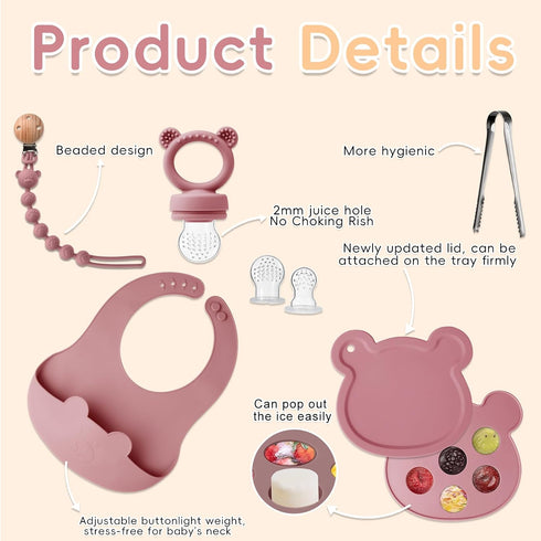 Silicone Baby Fruit Feeder Set with Mini Freedzer Nibble Tray, Breastmilk Popsicle Mold with Baby Bib and Pacifier Clip, BPA Free Teether for Safe...