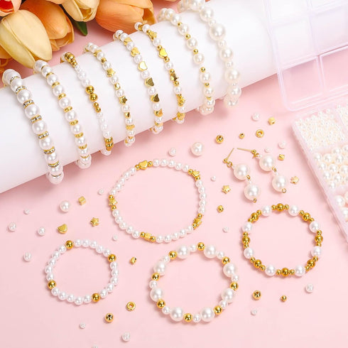 1290 Pieces Pearl Beads and Gold Spacer Beads for Bracelets Making, Assorted Gold Beads, Pearls for Bracelet Jewelry Making Kit...