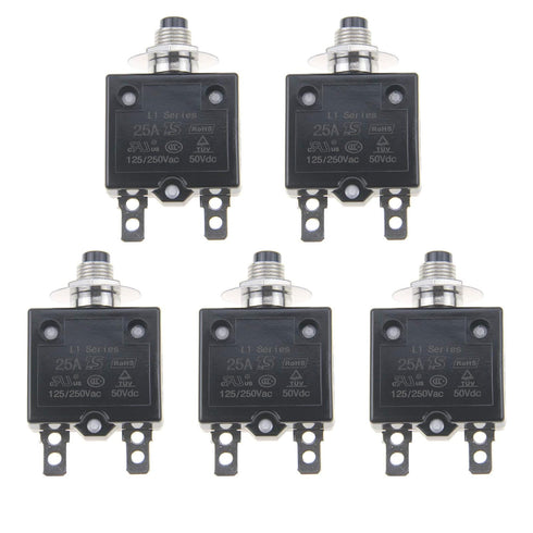 5Pcs 125-250V AC 50V DC Circuit breaker 25A Push Button L1 Series Manual Reset Thermal Circuit Breaker 25A...