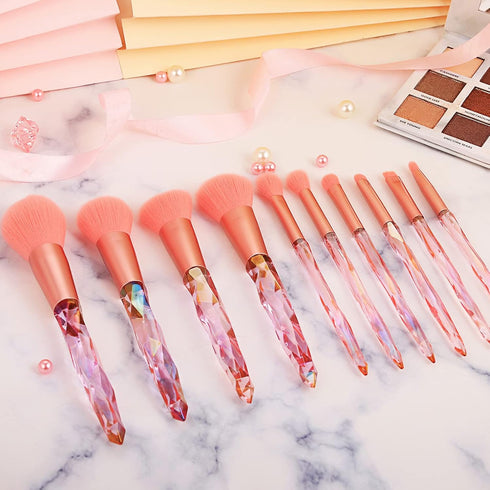 Makeup Brushes 10pcs Cryatal Makeup Brushes Set Highlighter Foundation Brush for Liquid Makeup Make Up Brush Sets Professional (Gift Box, Pink)...