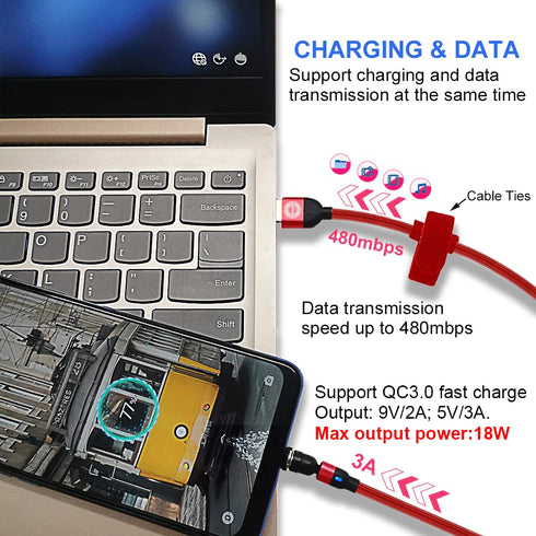 Magnetic Charging Cable(3Pack3.3/6.6/6.6FT&Cable Bag),One-Handed Charging Magnetic Phone Charger 3 in 1 Compatible with Micro USB, Type C 3A Charg...