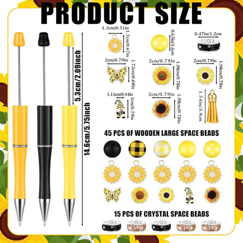 ReliThick 15 Sets Sunflower Beadable Pens Bulk Plastic Beadable Pens Assorted Bead Pens Wood Spacer Round Beads Black Ink Ballpoint Pen DIY Bead P...