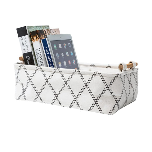 Decorative Collapsible Rectangular Fabric Storage Bin Organizer Basket with Wooden Handles for Clothes Storage,12.6x8.7x4.7 inch,White...