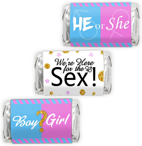 Gender Reveal Party Mini Candy Bar Wrappers - He or She Baby Shower Favors - 45 Sticker...