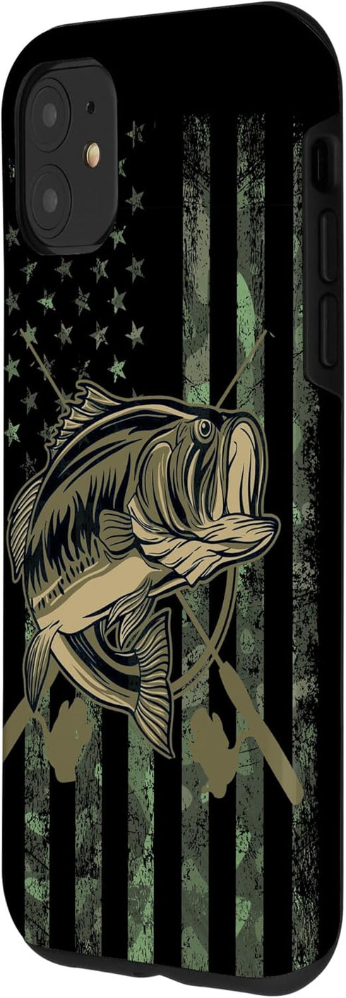 Camo American Flag Bass Fishing Gift Love Fishing Fisherman Case for iPhone 11...