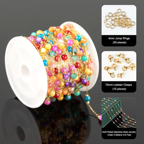 UMAOKANG 3 Yard Mixed Color Shell Bead Chain for Jewelry Making Gold Plated Stainless Steel Jewelry Chains Bulk with Jump Rings and Lobster Clasps...