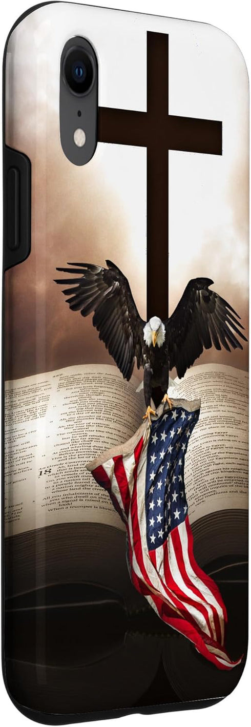 iPhone XR Pretty Christian Cross Bible A Bald Eagle Grip American Flag Case...
