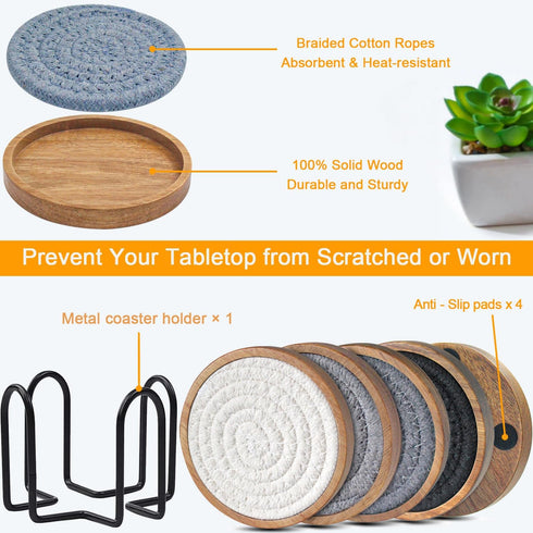 Coasters for Drinks Absorbent Sets of 5, Woven Coasters with Holder, Wood Coasters for Coffee Table, Housewarming Gift for Farmhouse Home Decor, 4...
