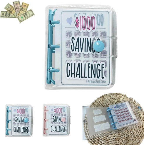1000 Mini Binder Savings Challenge Binder,Monthly Money Savings Challenges Book with Envelopes,Budget Binder with Cash Envelopes, Blue...