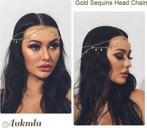 Aukmla Gold Sequins Head Chain Jewelry Festival Halloween Prom Costume Hair Accessories Fashion Headbands Headpieces for Women and Girls...