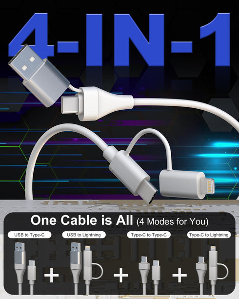 USB C Cable Apple Charger 4 in 1 - PD 60W/27W USB C Fast Charging & Data Sync Multi Charger Cord, 6FT Coiled Lightning Cable to USB for iPhone/Pad...