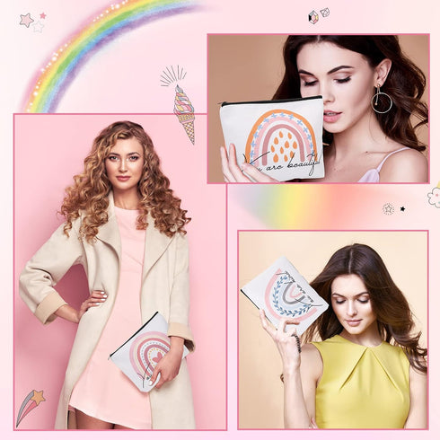 4 Pcs Rainbow Cosmetic Bag Teacher Nurse Inspirational Gift Bags for Women Girls You Are Loved Beautiful Kind Makeup Bag Bulk Personalized Canvas ...