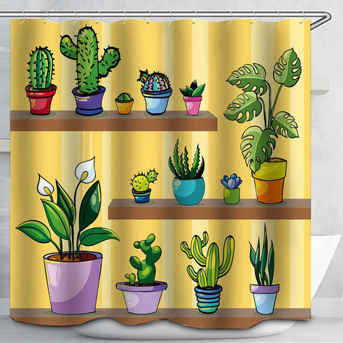 Yellow Tropical Plant Shower Curtain, Colorful Flower Pot Home Potted Plants Waterproof Colorful Funny with Bathroom Fabric 12 Hooks 60x72 inches...