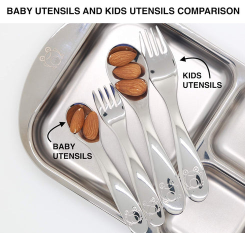 Baby Stainless Steel Utensil Set. Education series. Stainless #304 (18/8) 5pc Set (2 Spoons, 2 Forks, 1 Baby Butter Spreader/Food Pusher). Suitabl...