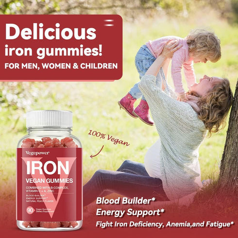 Vegan Iron Gummies Supplement - with Vitamin C, A, B-Complex, Folate, Zinc for Adults & Kids - Blood Builder & Energy Support for Iron Deficiency,...
