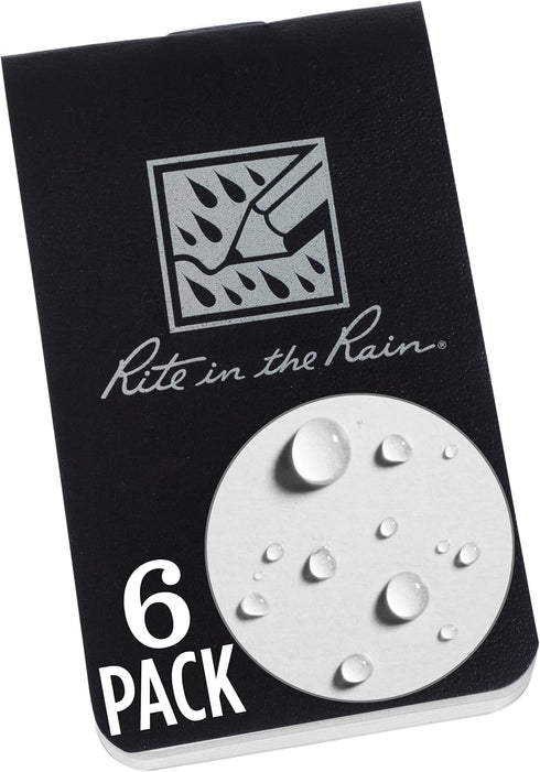 Rite in the Rain Weatherproof On The Go Wallet Notebook, 2" x 3.375", Black Cover, Blank Pages, 6 Pack (No. OTG771L)...
