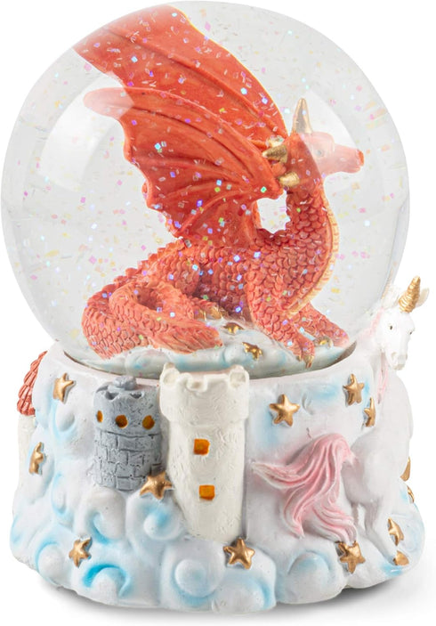 Elanze Designs Red Dragon with Unicorn Tabletop Figurine Decoration 100MM Sturdy Glitter Water Wind Up Musical Snow Globe Plays Tune Fantasie Impr...