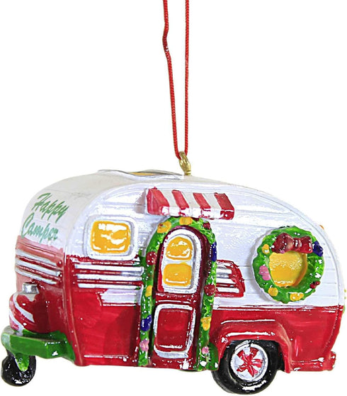 Red and White Happy Camper RV Trailer Christmas Tree Ornament Camping J8394 New...