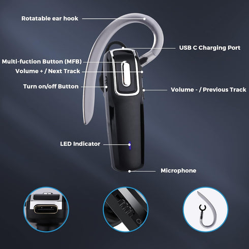 Wireless Headset, V5.0 Wireless Handsfree Earpiece with Microphone 14 Hrs Driving Headset 360 Hours Standby Time for iPhone Android Samsung Laptop...