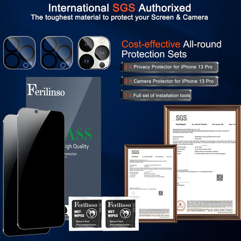 Ferilinso for iPhone 13 Pro Privacy Screen Protector, 2 Pack 9H Anti Spy Tempered Glass with 2 Pack Camera Lens Protector, Case Friendly, Bubble F...