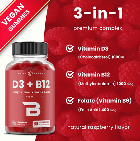 Vitamin D3 & Vitamin B12 | Methyl B12 Gummies for Adults & Kids | Enhanced with Vitamin D 3 & B9 Vitamin Folate | Natural Energy, Mood, Metabolism...