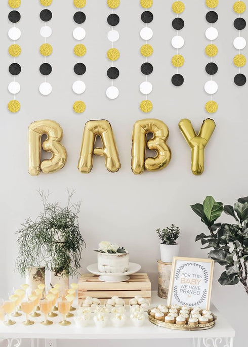 MerryNine Paper Garland 5 Pack, 65 Ft Glitter Paper Garland Circle Dots Hanging Decor, Banner for Baby Shower, Birthday, Nursery Party Decor (Blac...