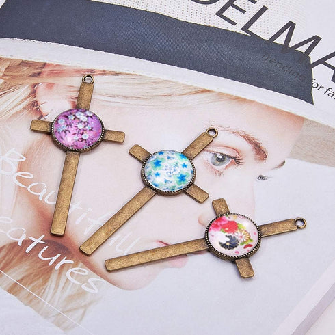 PH PandaHall 16pcs Cross Pendant Trays Photo Charms Bezel Settings and 16pcs Glass Cabochon Dome Tiles Clear Cameo Memorial Photo Pendant for Bouq...