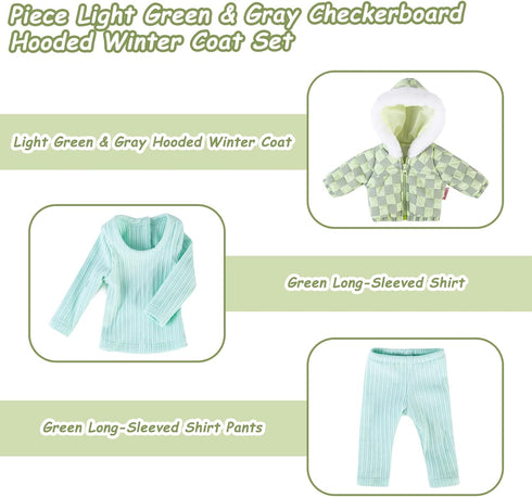 Doll Clothes 3 Pc. Set Light Green Grey Plaid Hooded Thick Coat Checkerboard Jacket with Long Sleeve, Warm Doll Outfit Hoodie Snowsuit Fits for 18...