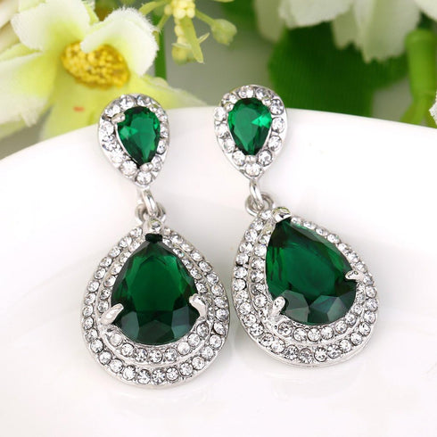 EVER FAITH Women's Austrian Crystal Cubic Zirconia Tear Drop Dangle Earrings Emerald Color Silver-Tone...