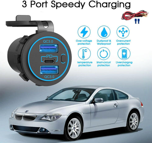 12v usb charger, PD 20W USB-C Power Socket and 18W QC3.0 Socket Waterproof Power Outlet 12V/24V with Power Switch 12V USB C Outlet for Car Golf Ca...