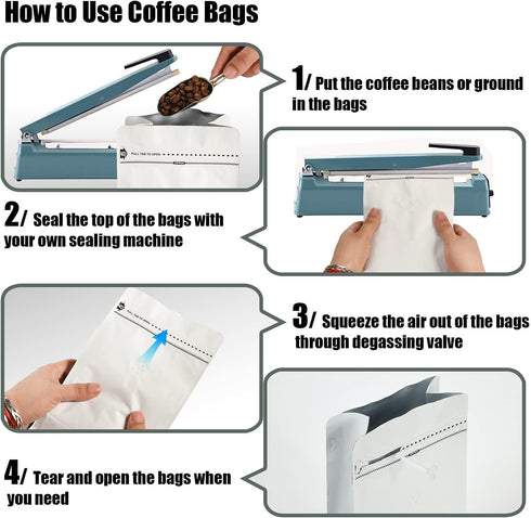 50 Count 8 Ounce Matt White Aluminum Foil Coffee Bags, Stand Up/Flat Bottom Side Gusset Coffee Pouches with Air Release Valve and Reusable Side Zi...