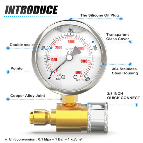 MEANLIN MEASURE 0~6000Psi Pressure Washer Pressure Gauge, 3/8 Inch Quick Connect, 2.5" FACE DIAL Stainless Steel Liquid Filled Pressure Gauge for ...