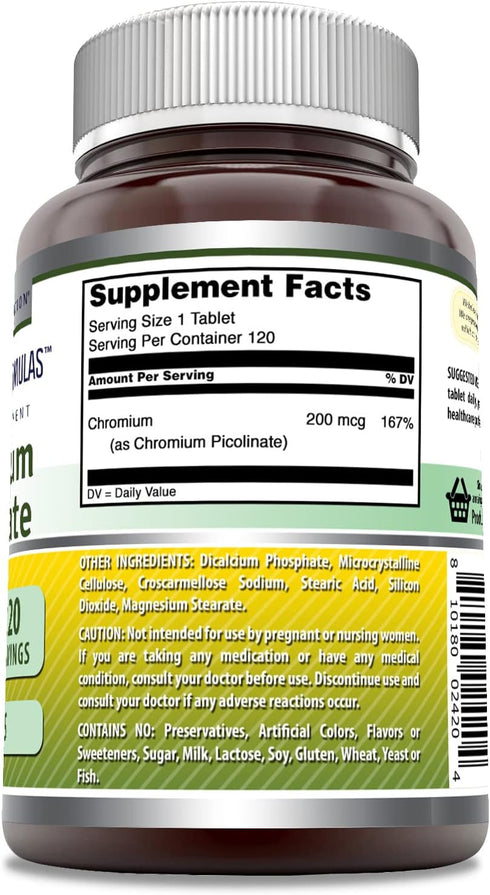 Amazing Formulas Chromium Picolinate Supplement | 200 Mcg Per Serving | Tablets | Non-GMO | Gluten Free | Made in USA (120 Count)...