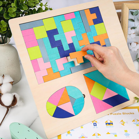 3 otters Wooden Puzzles Blocks, 3-in-1 Wooden Russian Blocks Geometric Tangram Montessori STEM Educational Toys Intelligence Brain Teasers Toy for...
