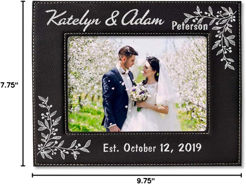 Personalized Newlywed Couples 7x5 Leather Picture Frame Engraved Women Mens Wedding Anniversary Husband Wife...