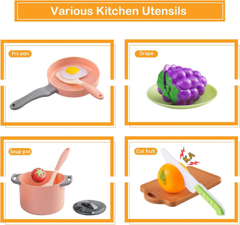 50Pcs Kitchen Playset, Toddler Pretend Cooking with Play Pots and Pans, Utensils Cookware, Daily Food, Fruit &Vegetables Accessories, Learning Gif...