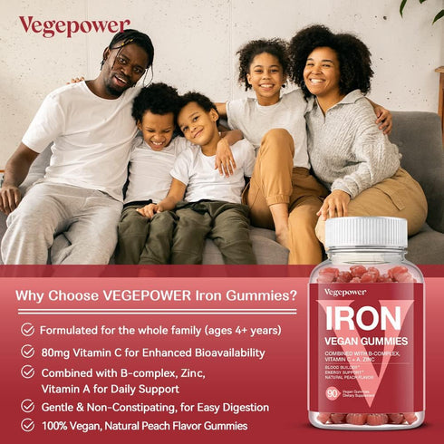 Vegan Iron Gummies Supplement - with Vitamin C, A, B-Complex, Folate, Zinc for Adults & Kids - Blood Builder & Energy Support for Iron Deficiency,...