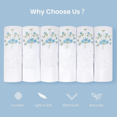 Selected Hanky Women's Cotton Handkerchiefs Flower Embroidered with Lace, Ladies Hankies 6 Pcs - Blue Floral...