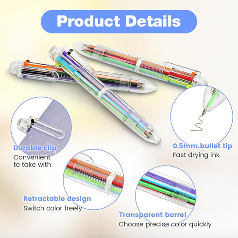 Multicolor Pen in One,10 Pack Multi Color Pens All in One, Birthday Party Favors , Fun Pens 0.5mm 6-in-1, Rainbow Pens 6 Colors Retractable, End o...