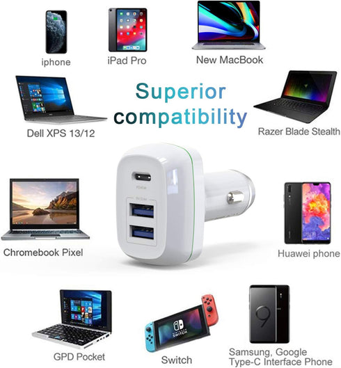 Car Charger, 60W Mini Size with Triple Port USB-C 45W & 2×USB-A12W, Compatible with iPhone 12/XR/Xs/Max/X/8/7/Plus, iPad Pro/Air 2/Mini, Galaxy, A...