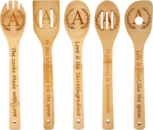 5PCS Initial Wooden Cooking Spoons Initial Gifts Kitchen Decor Personalized Customized Monogrammed Birthday Gifts for Women Mother,New Mom,Teacher...