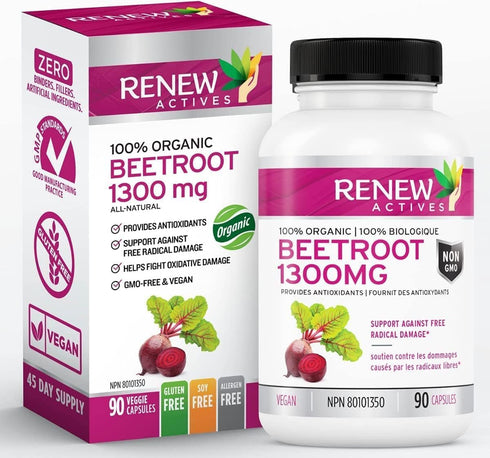 Renew Actives Organic Beetroot Supplement: 1300mg Extract for High Antioxidant Levels - Promotes Wellness - 90 Veggie Capsules...