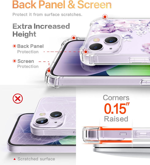 GVIEWIN for iPhone 14 Plus Case Floral, with Screen Protector + Camera Lens Protector, Soft Slim Clear Flower Shockproof Full Body Protective Wome...