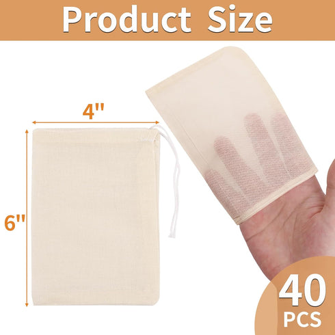40 Pcs Empty Spice Bags for Cooking Soup, Reusable Tea Bags for Loose Tea, 4x6 In Natural Muslin Drawstring Bag, Small Cheese Cloth Cotton Bag for...