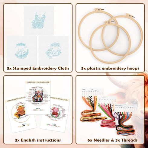 Embroidery Kits Highland Cow Cross Stitch Sunflower Rose Rainbow Patterns and Instructions for Beginners Adults Starter Animal DIY Decor Needlepoi...